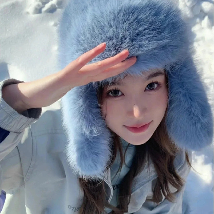 Blue Velvet Ushanka Female Winter Thicken Thermal Furry Earmuffs Hat