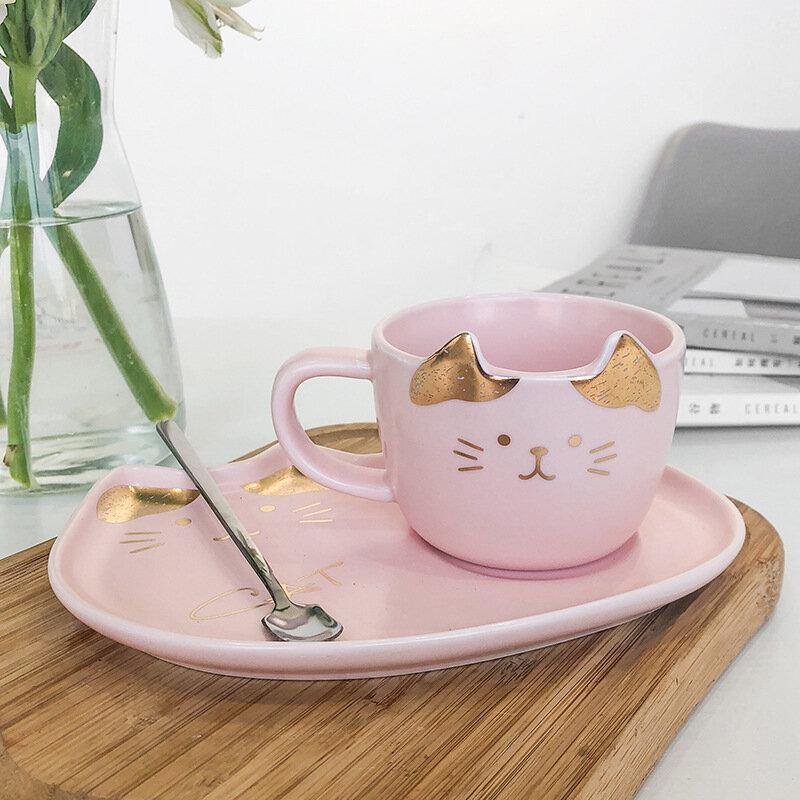 Taza de café de cerámica dorada con forma de gato de 200 ml, taza de agua para restaurante, taza de té para oficina 