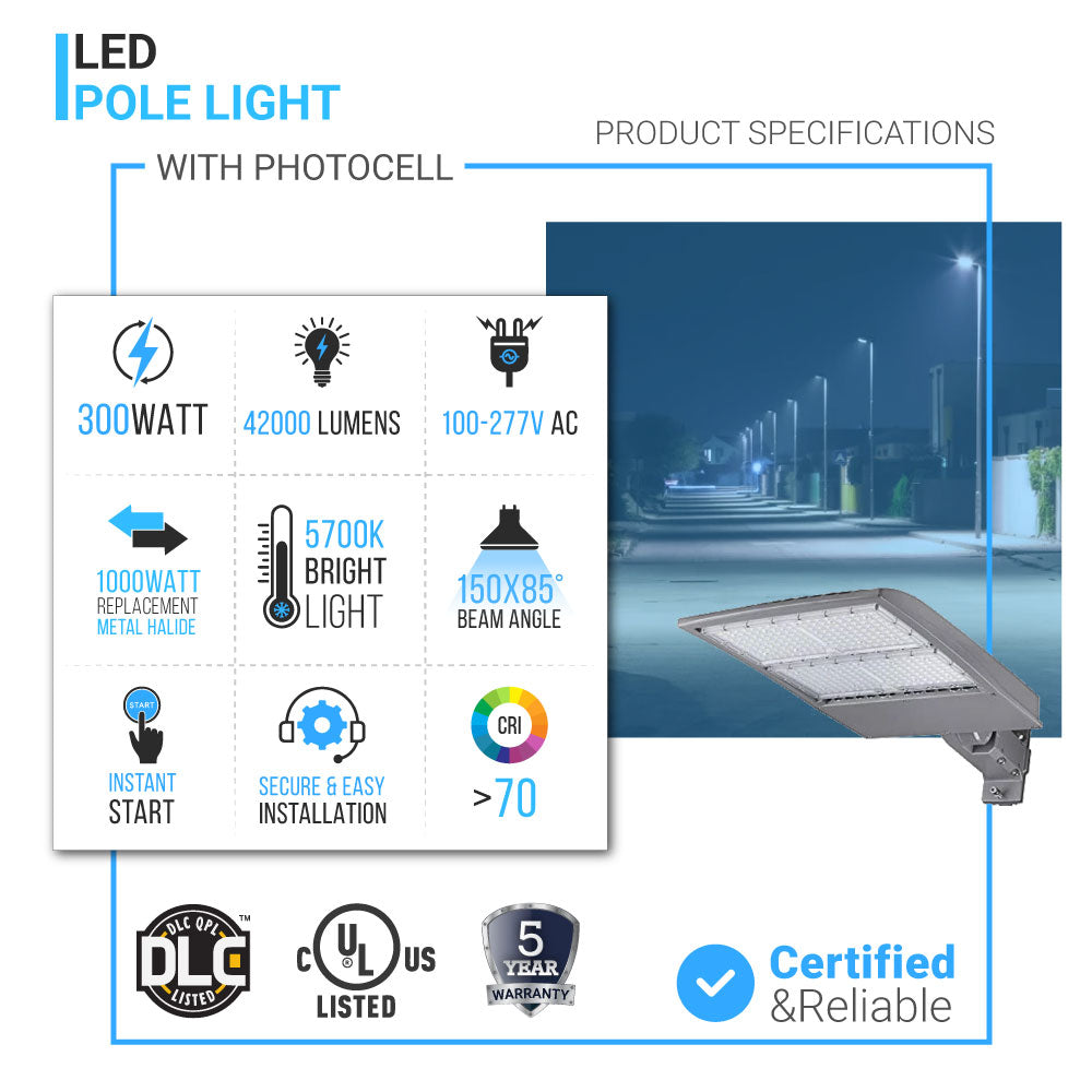 Lampadaire LED 300 W avec cellule photoélectrique du crépuscule à l'aube, 5 700 K, montage universel, argent, étanche IP65, AC100-277 V, éclairage de parking LED - éclairage public extérieur pour zones commerciales