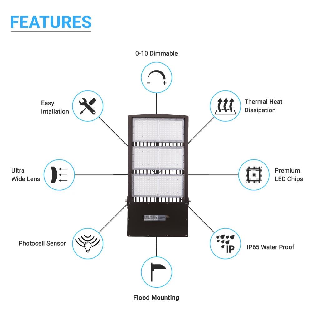 450W LED High Output Flood Light With Photocell, 5700K, AC277-480V High Voltage, Dusk to Dawn Security Light, IP65, Bronze, With 20KV Surge Protector, For Garden Yard Parking Lot Stadium Arena Lighting Fixture