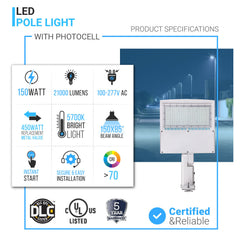 Poste de luz LED de 150 W con fotocélula de anochecer a amanecer, 5700 K, montaje universal, blanco, IP65 a prueba de agua, CA 120-277 V, luces LED para estacionamiento - Iluminación de calles para áreas comerciales al aire libre