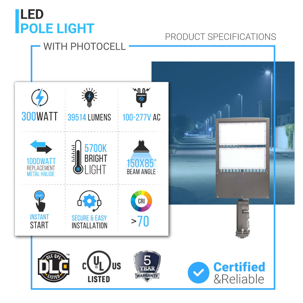 Lampadaire LED 300 W avec cellule photoélectrique du crépuscule à l'aube, 5 700 K, montage universel, gris, étanche IP65, AC 120-277 V, éclairage de parking LED - éclairage public extérieur pour zones commerciales