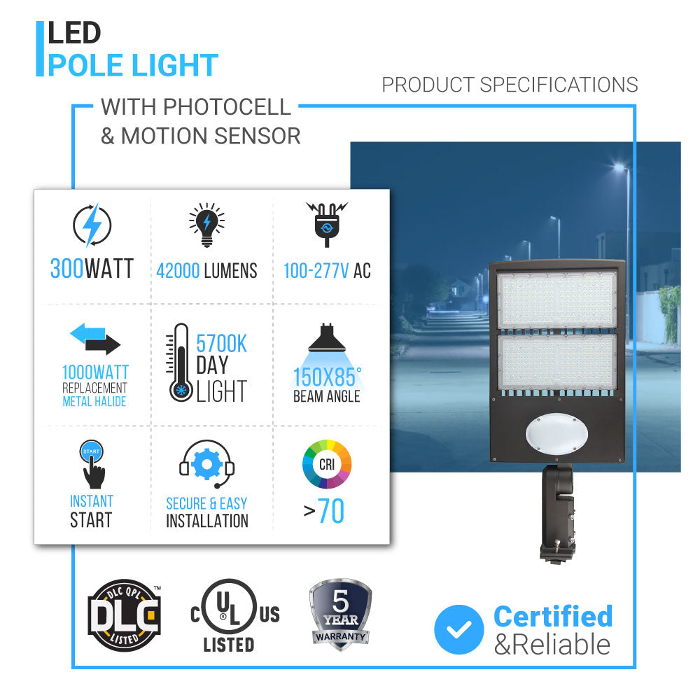 Éclairage de stationnement à LED 300 W avec cellule photoélectrique et capteur de mouvement, 5 700 K, montage universel, étanche, bronze, AC 120-277 V, éclairage de sécurité de rue pour zone commerciale extérieure