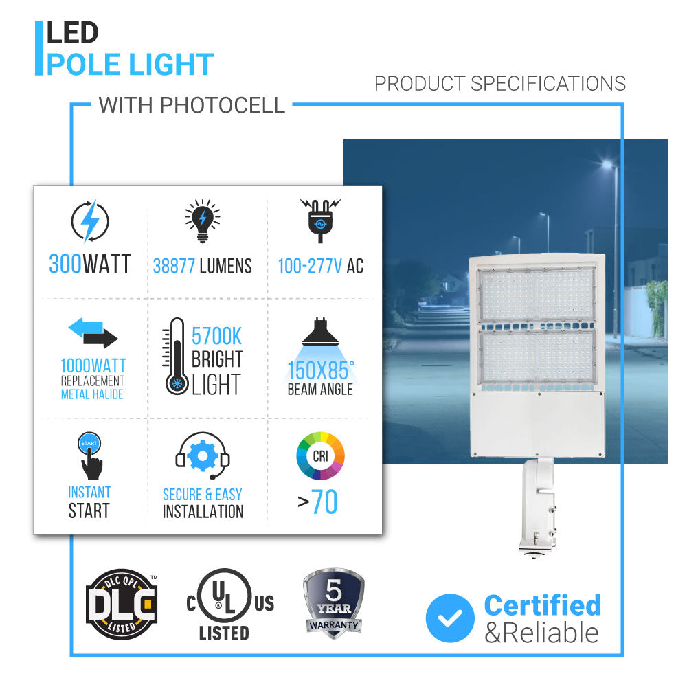 Lampadaire LED 300 W avec cellule photoélectrique du crépuscule à l'aube, 5 700 K, montage universel, blanc, étanche IP65, AC 120-277 V, éclairage de parking LED - éclairage public extérieur pour zones commerciales