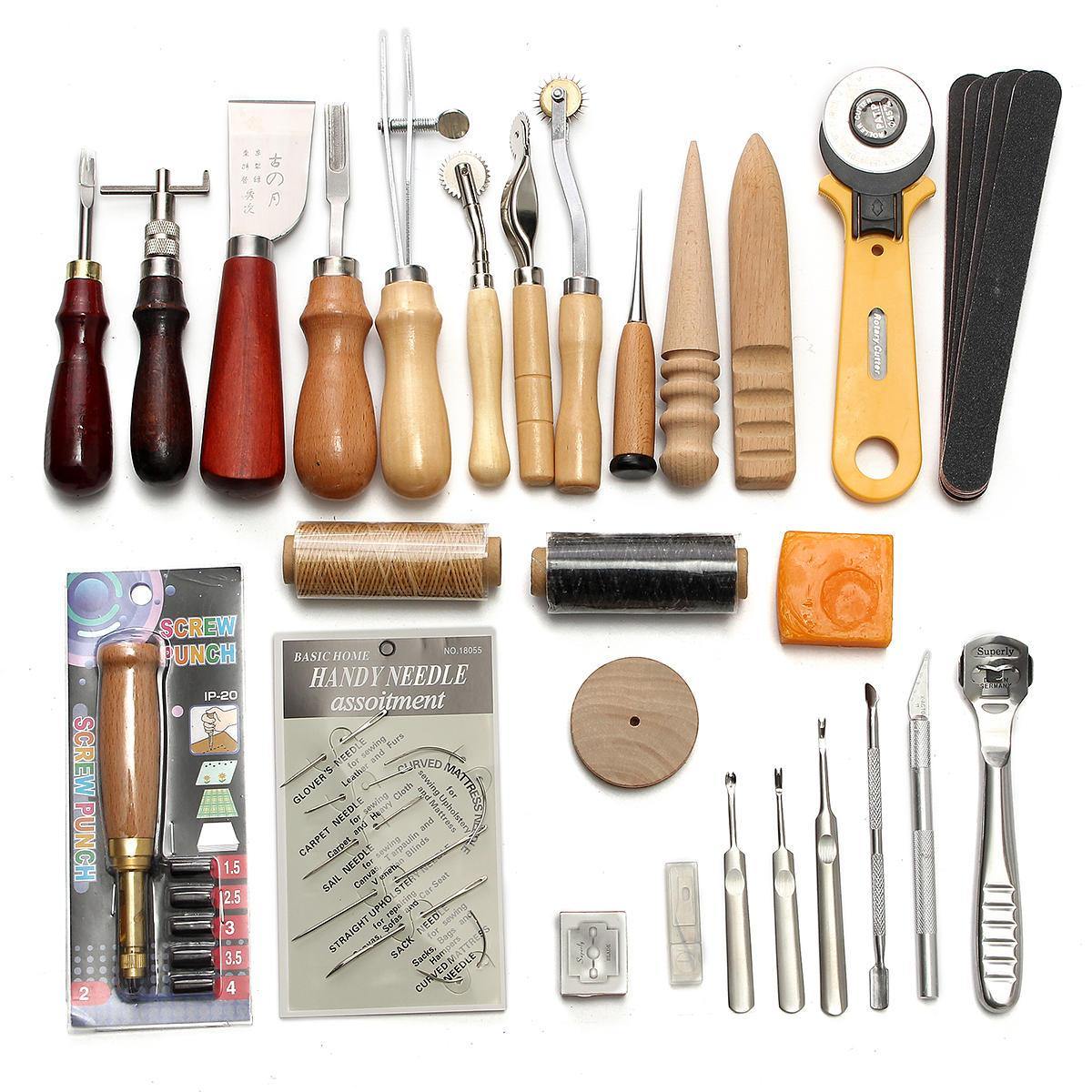 Kit d'outils de maroquinerie 37 pièces pour couture à la main, poinçon, sculpture sur selle 