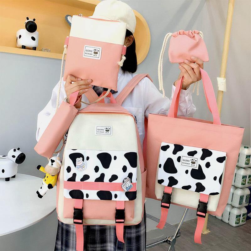 5 piezas de lona con estampado de vaca preppy, multifunción, combinación de bolsos, mochilas, bolsos cruzados, bolsos de mano, carteras de mano 