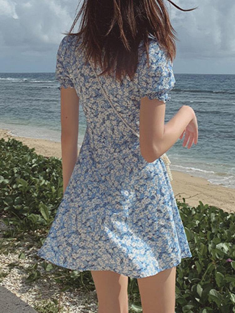 Robe d'été plissée à fleurs 100 % polyester pour femme 