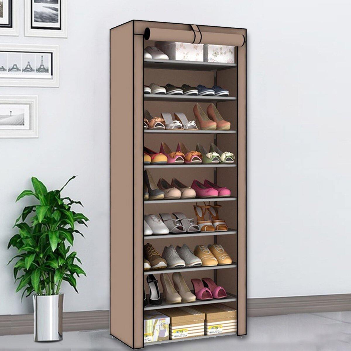 Étagère à chaussures à 10 niveaux et 9 treillis, armoire de rangement avec housse anti-poussière 