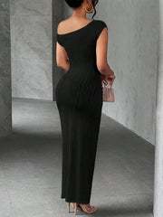 Asymmetrical One Shoulder Bodycon Maxi Dress in black, showcasing a form-fitting silhouette and elegant design.