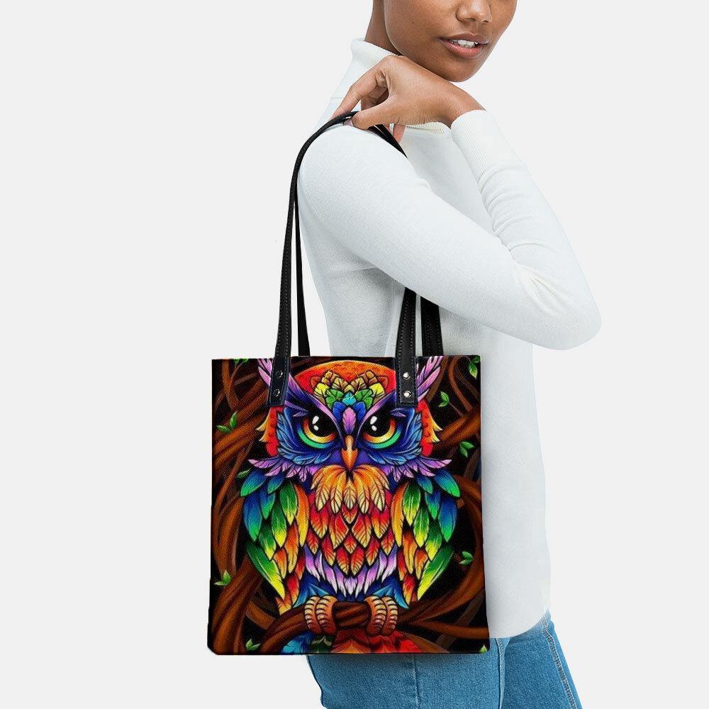 Bolso de mano de cuero con estampado de búhos en color, bolso de hombro con pegatina, bolso de mano con bolso pequeño incorporado 