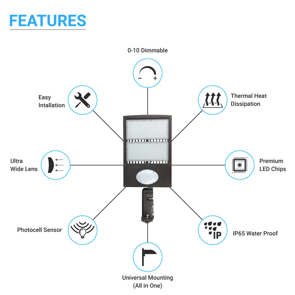 Éclairage de stationnement à LED 300 W avec cellule photoélectrique et capteur de mouvement, 5 700 K, montage universel, étanche, bronze, AC 120-277 V, éclairage de sécurité de rue pour zone commerciale extérieure