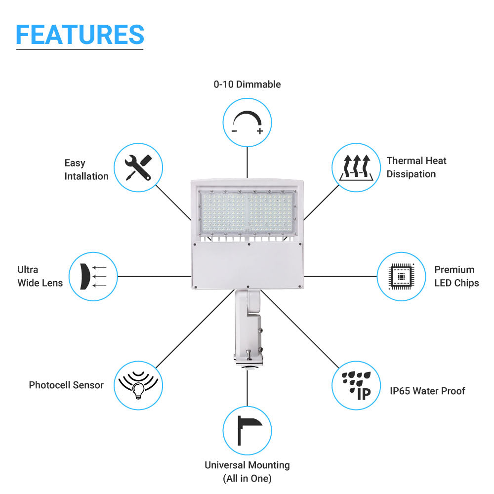 Poste de luz LED de 150 W con fotocélula de anochecer a amanecer, 5700 K, montaje universal, blanco, IP65 a prueba de agua, CA 120-277 V, luces LED para estacionamiento - Iluminación de calles para áreas comerciales al aire libre