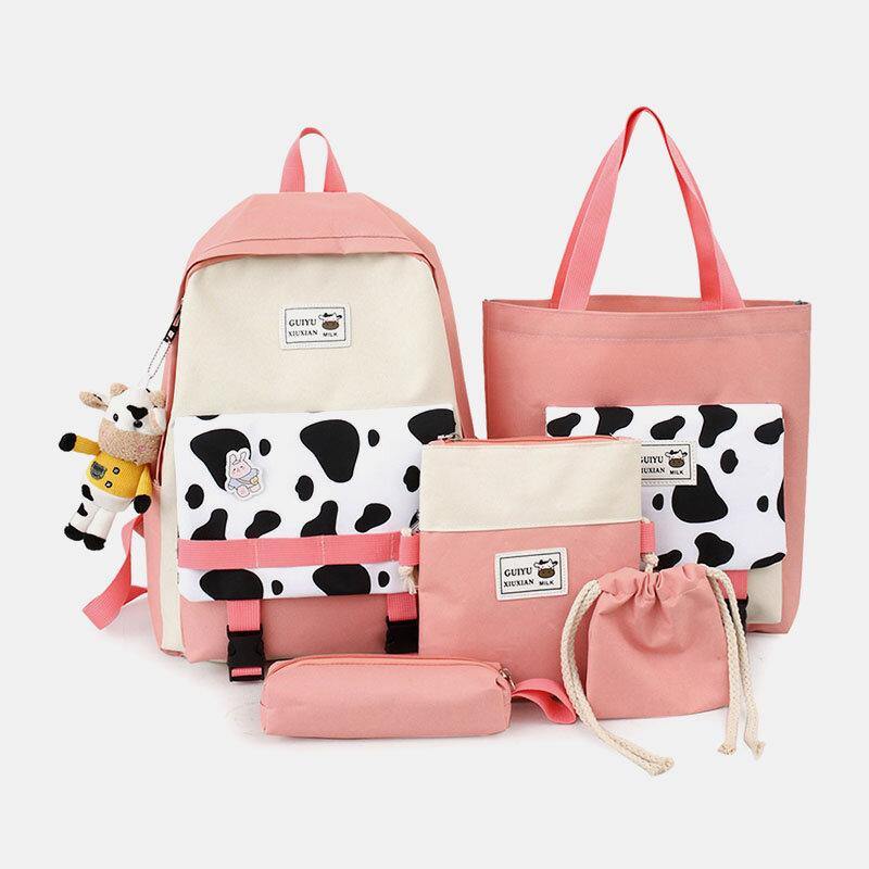 5 piezas de lona con estampado de vaca preppy, multifunción, combinación de bolsos, mochilas, bolsos cruzados, bolsos de mano, carteras de mano 