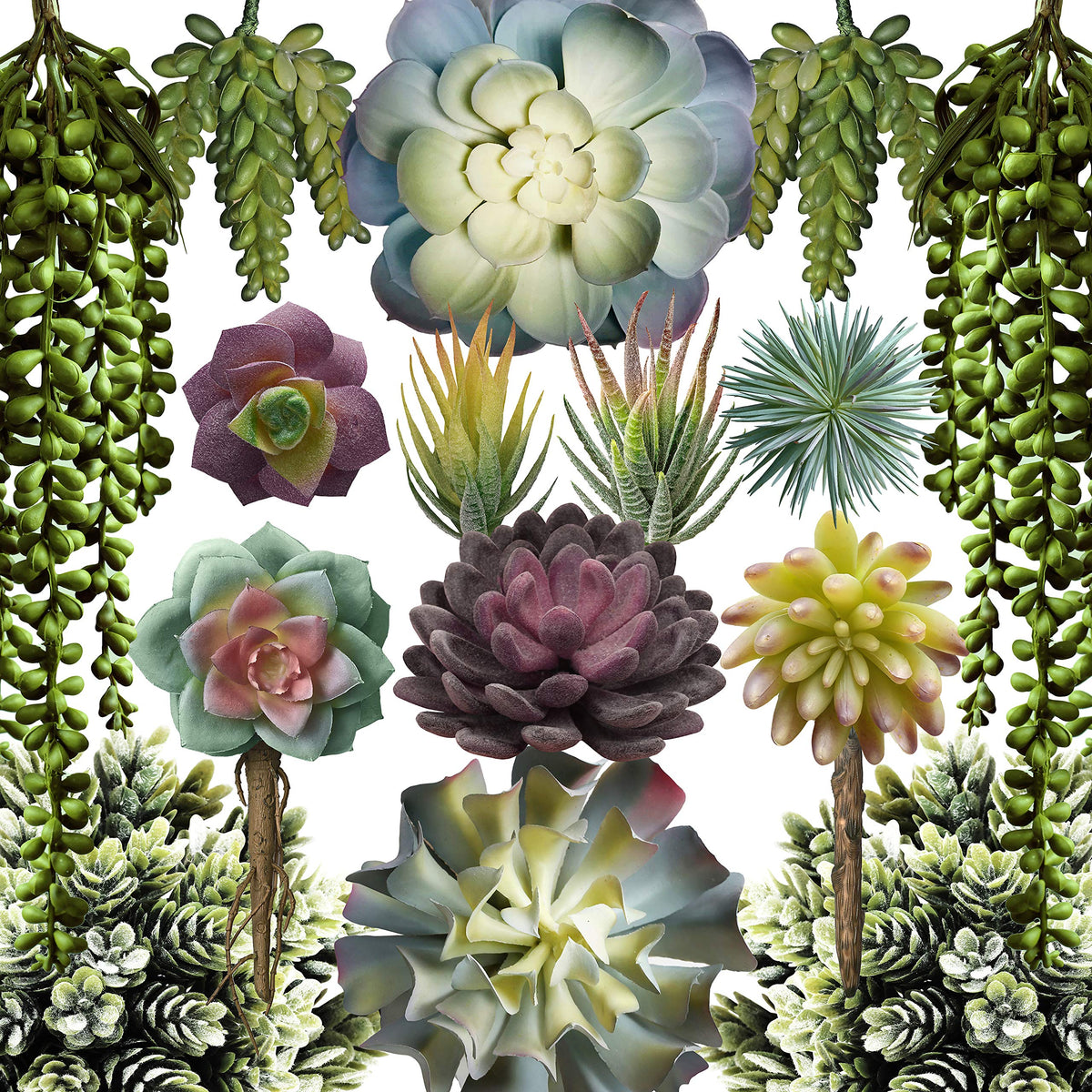 caqpo Plantes succulentes artificielles - Lot de 15 - Plantes succulentes artificielles texturées réalistes et non en pot de qualité supérieure pour le bricolage - Plantes de cactus artificielles en vrac - Plantes succulentes Feaux