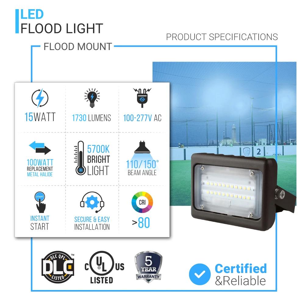 Foco LED de seguridad para exteriores de 15 W, 5700 K, 1730 LM, iluminación de paisaje impermeable IP65, montaje en U, bronce, reflector de seguridad para áreas de jardín al aire libre