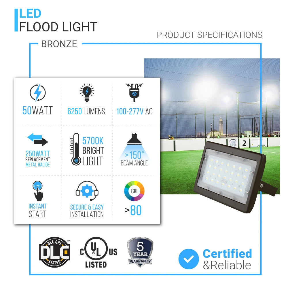 Projecteur LED d'extérieur 50 W, 6 250 lm, super lumineux, 5 700 K, projecteur extérieur étanche IP65, bronze, support en U, éclairage de sécurité pour jardin, pelouse