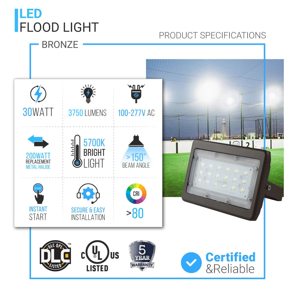 Projecteur LED d'extérieur 30 W, 5 700 K, 3 750 lm, super lumineux, bronze, support en U, éclairage de sécurité étanche pour jardin, porche, cour, pelouse