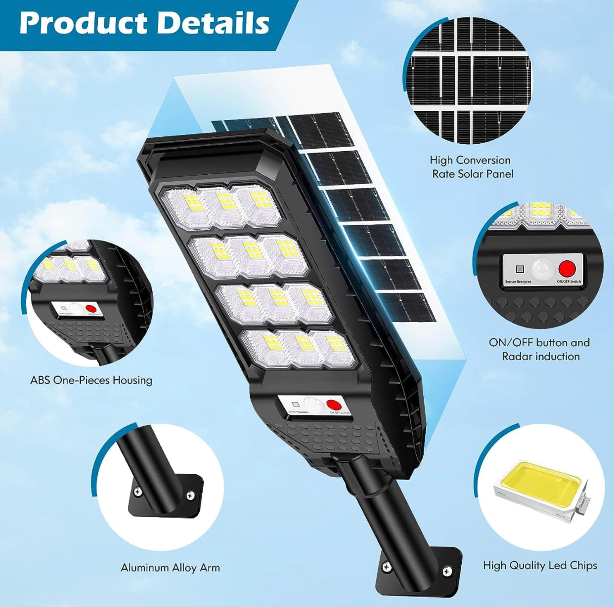 Lot de 2 lampadaires solaires d'extérieur étanches, 6 500 K, 6 000 lm, éclairage de rue LED d'extérieur du crépuscule à l'aube, détecteur de mouvement avec télécommande 