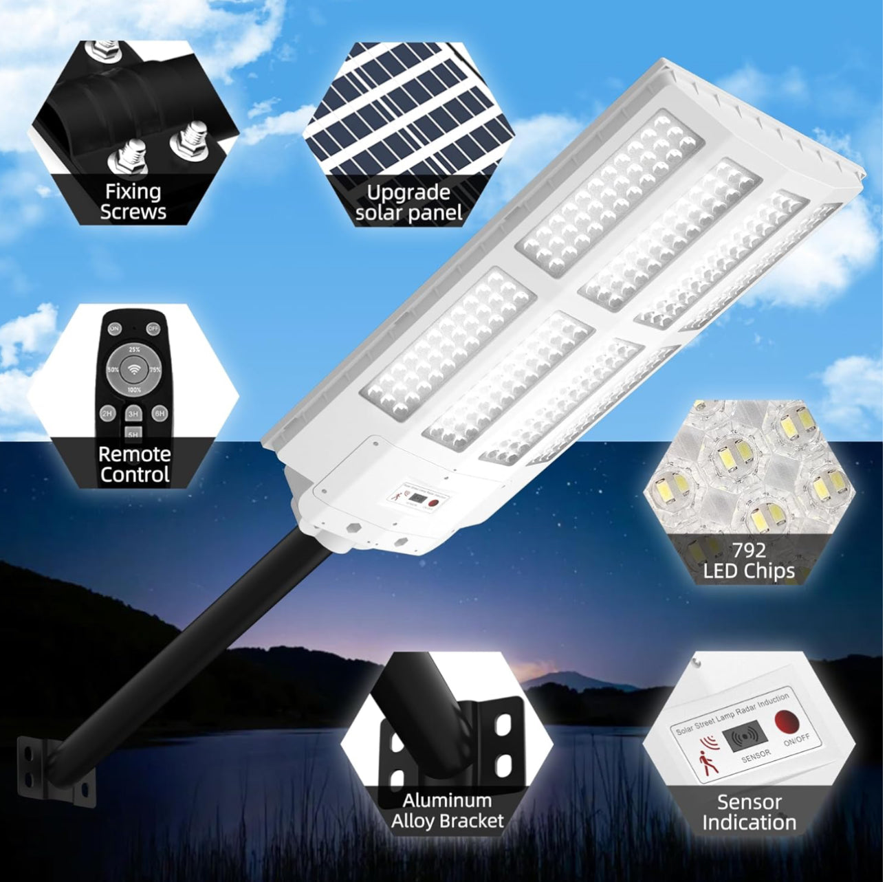 Farola solar para exteriores de 1500 W, resistente al agua, luces con sensor de movimiento de 6500 K, de anochecer a amanecer, luz de pared de 200 000 LM con control remoto