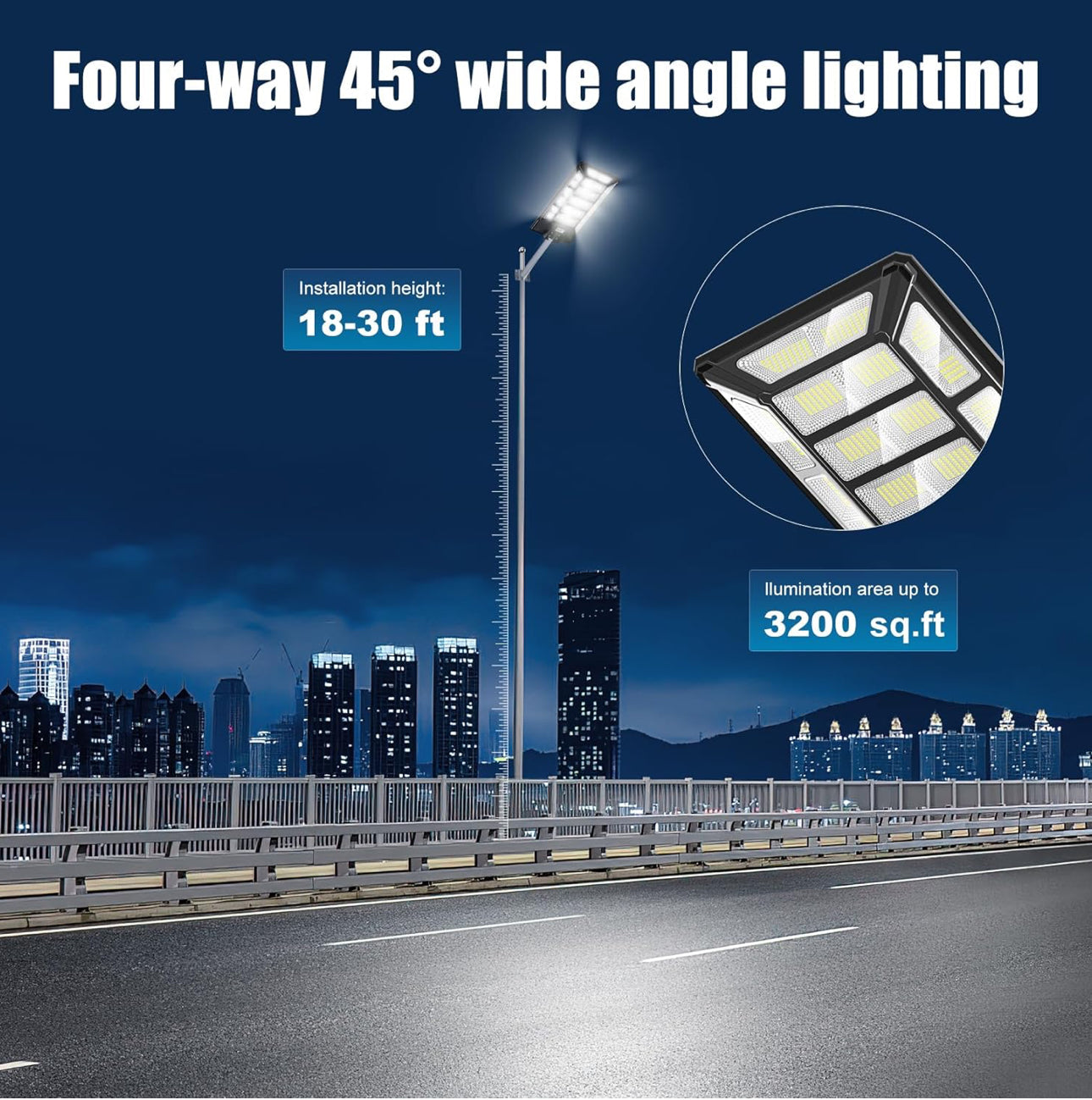 Lampadaire solaire d'extérieur 1800 W étanche 6 500 K du crépuscule à l'aube 180 000 lumens avec détecteur de mouvement et éclairage de parking solaire super lumineux 