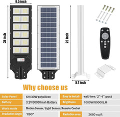 1000W Solar Street Light Motion Sensor, 80000LM IP65 Waterproof Solar Security Flood Lights Outdoor with Remote Control