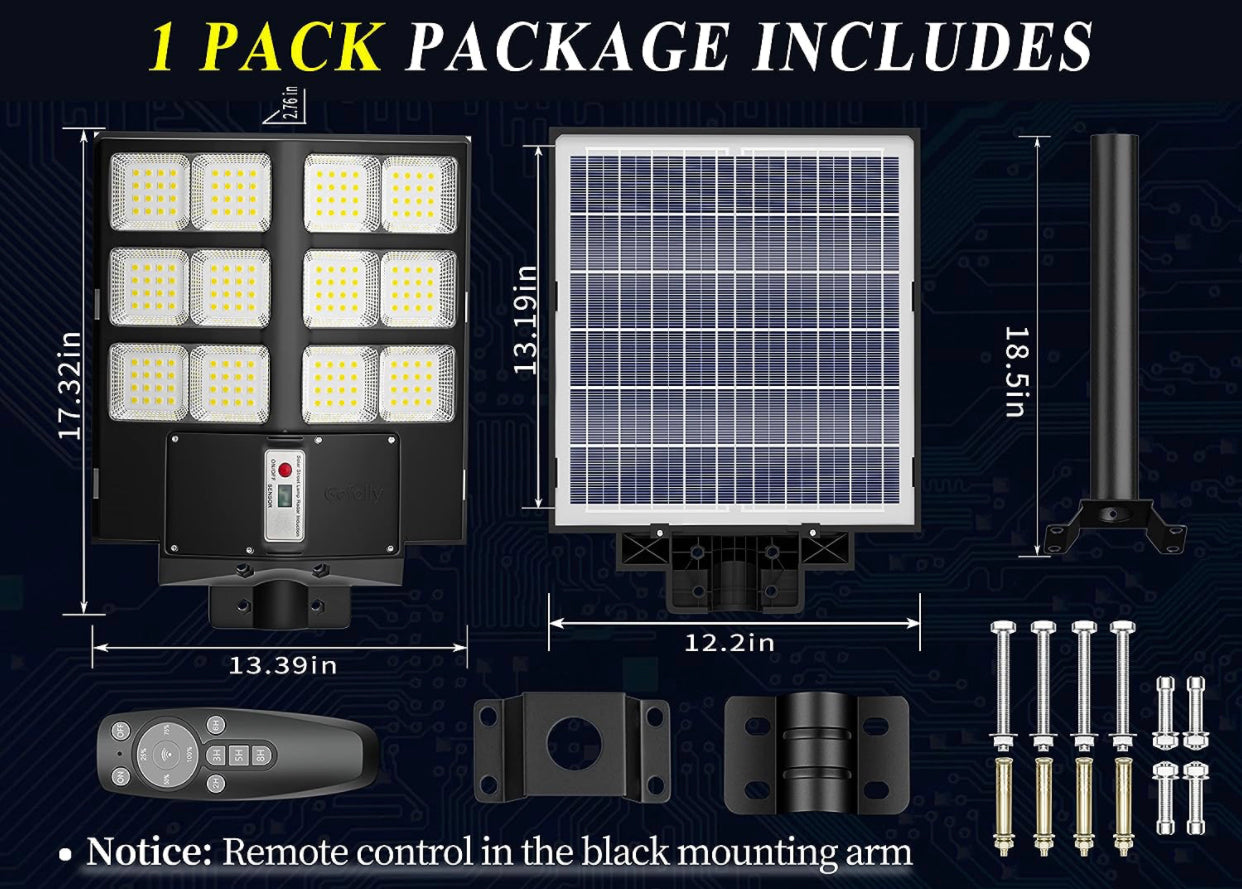 Farola solar comercial de 600 W, luz de estacionamiento de 60 000 LM, luz comercial de anochecer a amanecer con control remoto 