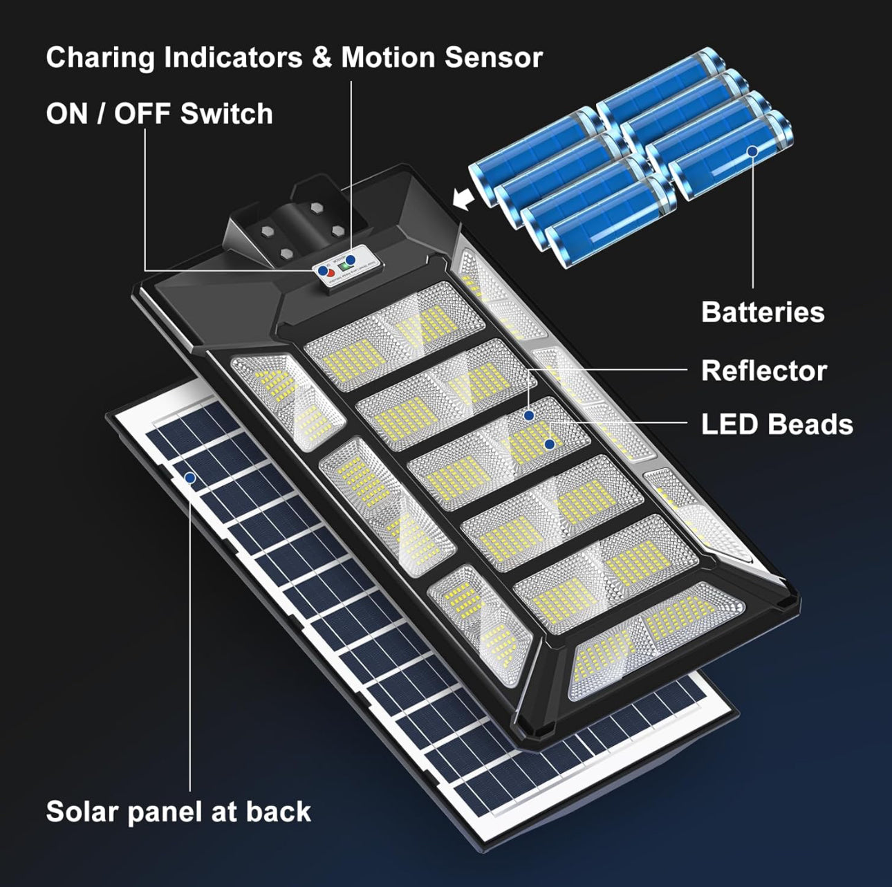 Lampadaire solaire d'extérieur 1800 W étanche 6 500 K du crépuscule à l'aube 180 000 lumens avec détecteur de mouvement et éclairage de parking solaire super lumineux 