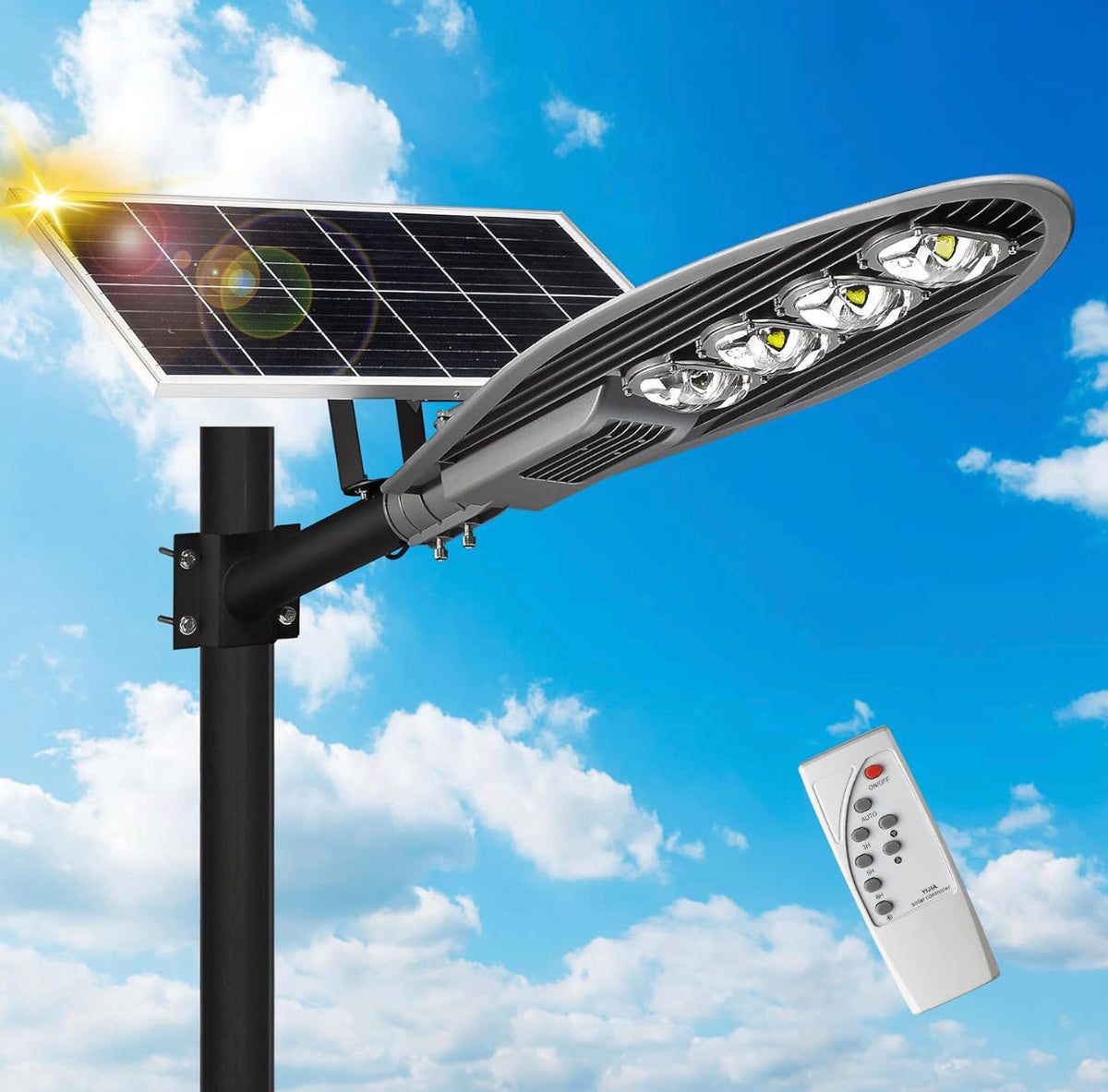 Lampadaire solaire d'extérieur 1800 W, projecteur de sécurité à LED solaire commercial 50 000 lm avec télécommande