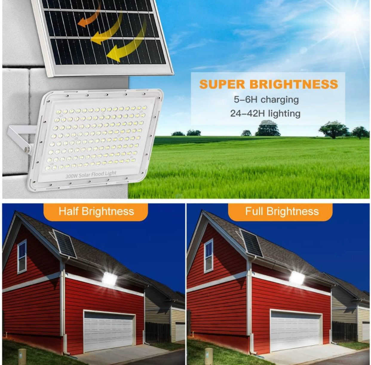 Focos solares LED de 300 W, focos de calle de 24 000 lúmenes para exteriores, IP67, resistentes al agua, con control remoto