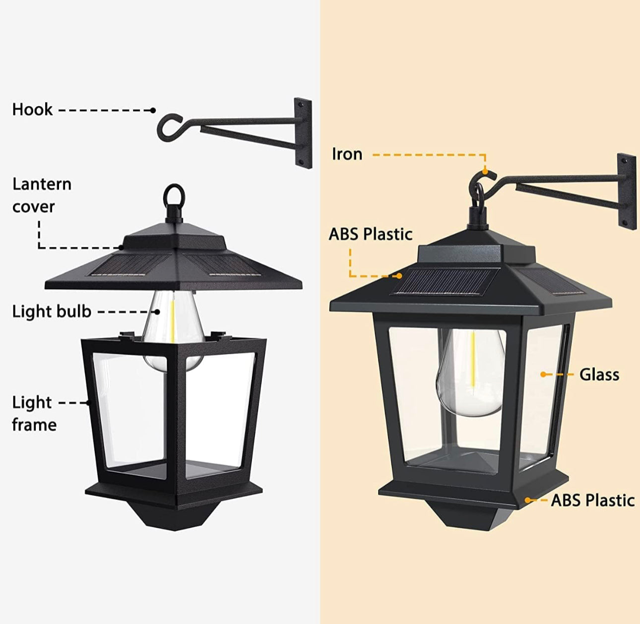 Lot de 2 lanternes murales solaires en aluminium avec ampoule remplaçable, lampes solaires d'extérieur suspendues avec 4 panneaux solaires, antirouille