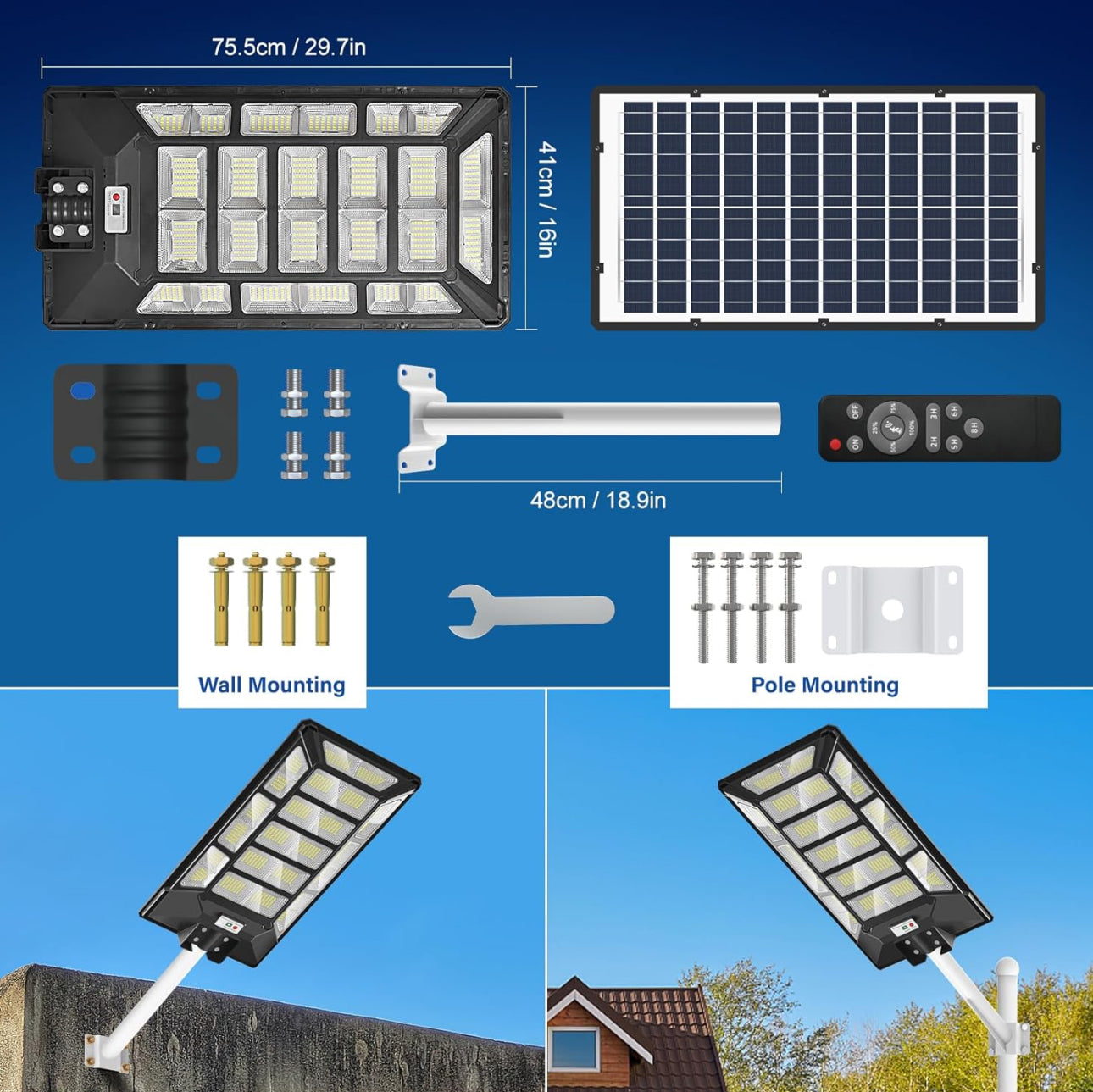 Lampadaire solaire d'extérieur 1800 W étanche 6 500 K du crépuscule à l'aube 180 000 lumens avec détecteur de mouvement et éclairage de parking solaire super lumineux 