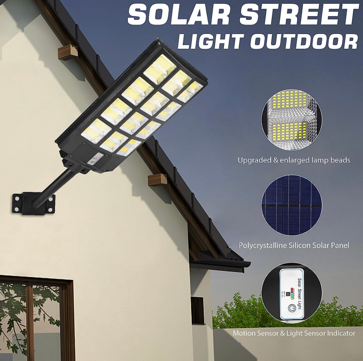 Farola LED para exteriores de 1800 W, luces solares con cambio de temperatura de 3 colores, desde el anochecer hasta el amanecer, sensor de movimiento con control remoto 