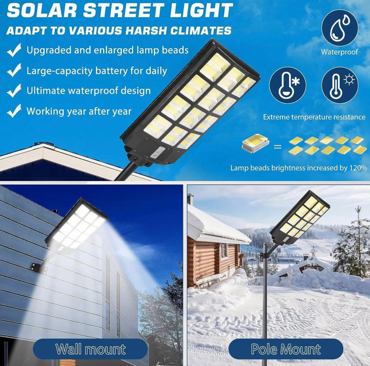 Farola LED para exteriores de 1800 W, luces solares con cambio de temperatura de 3 colores, desde el anochecer hasta el amanecer, sensor de movimiento con control remoto 