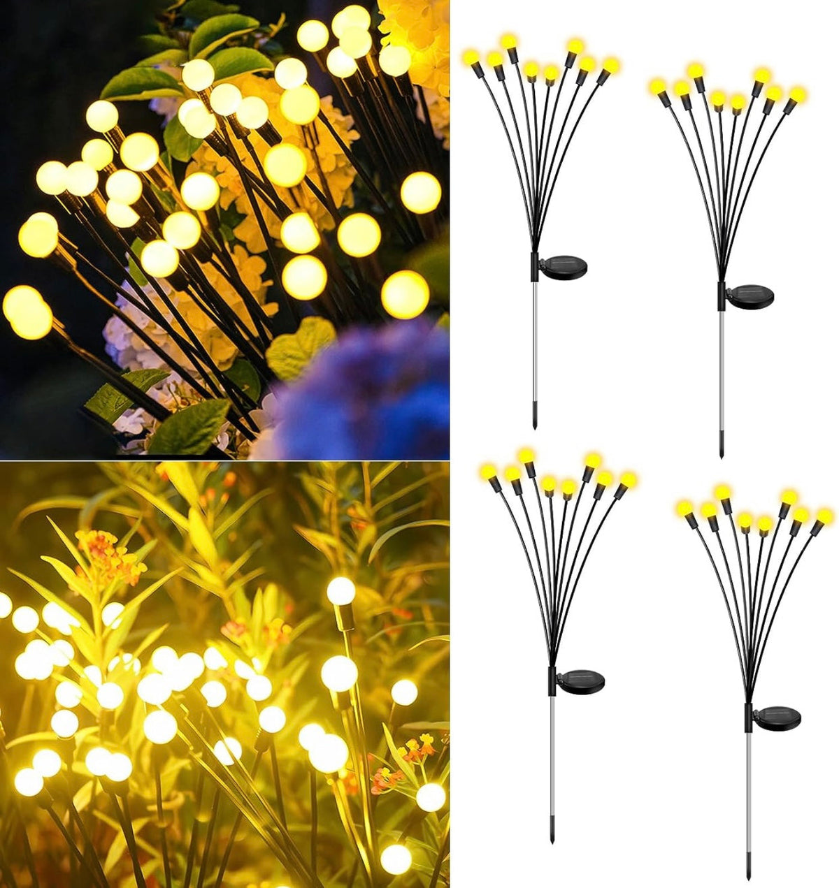 4 Pack Upgraded 8 LED Solar Powered Firefly Lights,Outdoor Waterproof Vibrant Garden Warm White