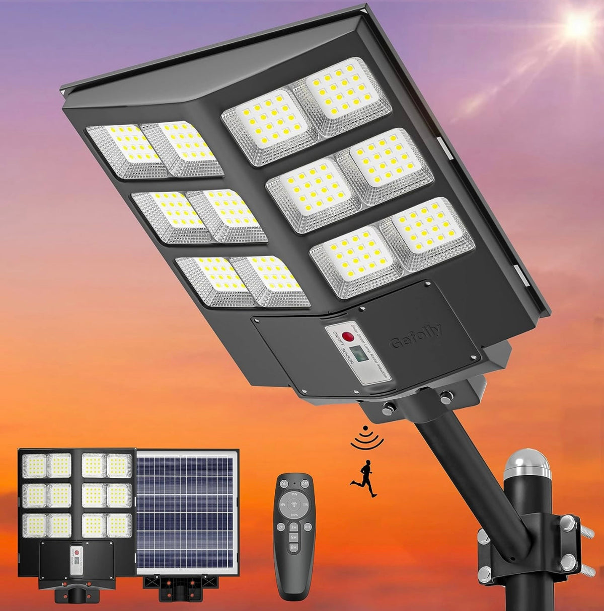 Farola solar comercial de 600 W, luz de estacionamiento de 60 000 LM, luz comercial de anochecer a amanecer con control remoto 