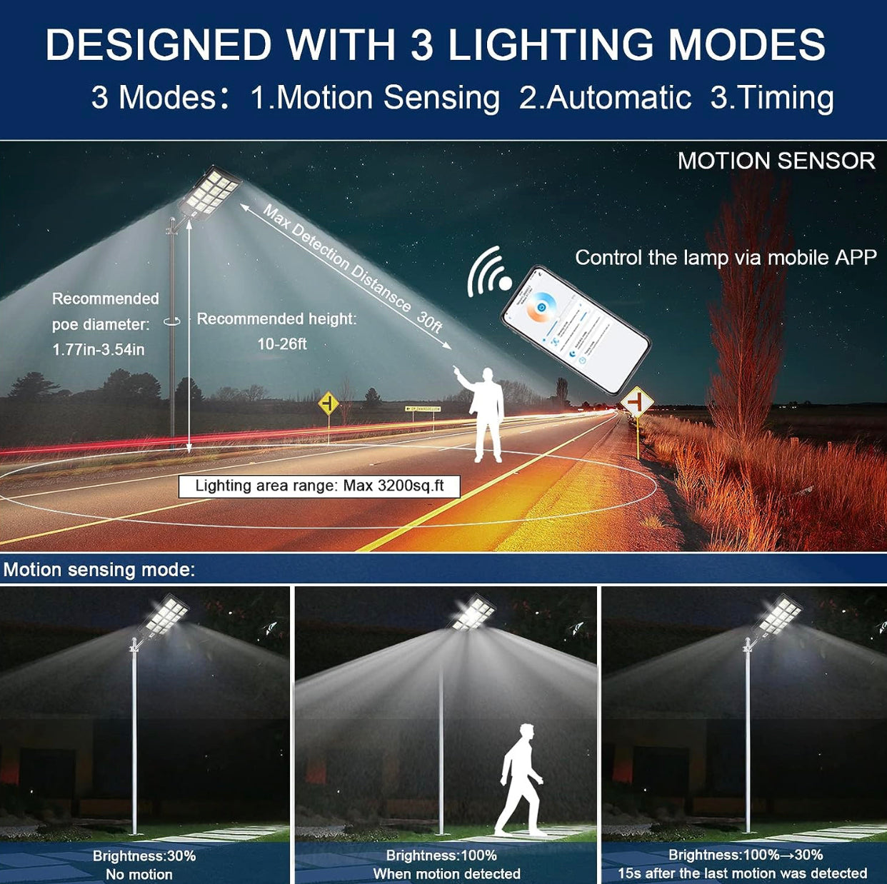 Lampadaire solaire d'extérieur 2000 W, 250 000 lm, 6 500 K, avec télécommande par application mobile, lampe LED à détection de mouvement du crépuscule à l'aube, étanche IP67