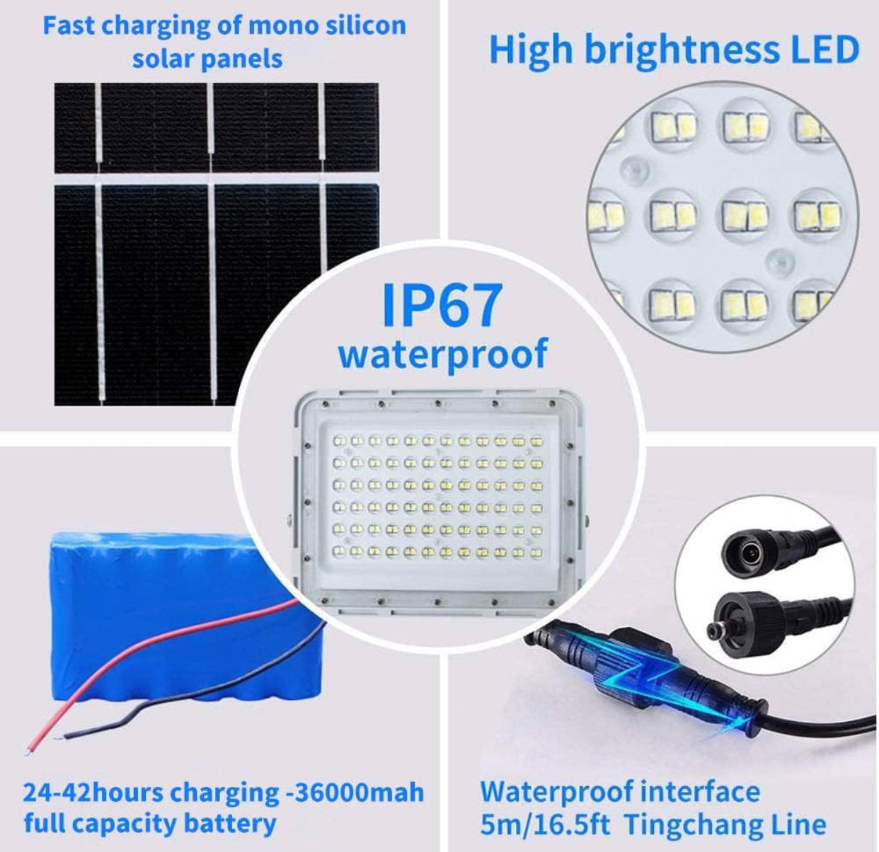 Focos solares LED de 300 W, focos de calle de 24 000 lúmenes para exteriores, IP67, resistentes al agua, con control remoto