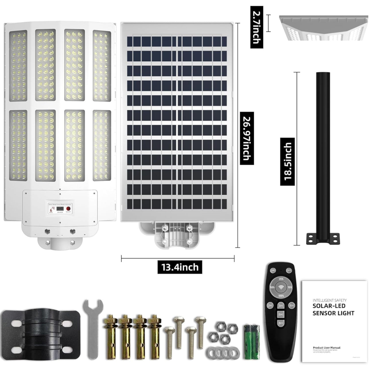 Farola solar para exteriores de 1500 W, resistente al agua, luces con sensor de movimiento de 6500 K, de anochecer a amanecer, luz de pared de 200 000 LM con control remoto