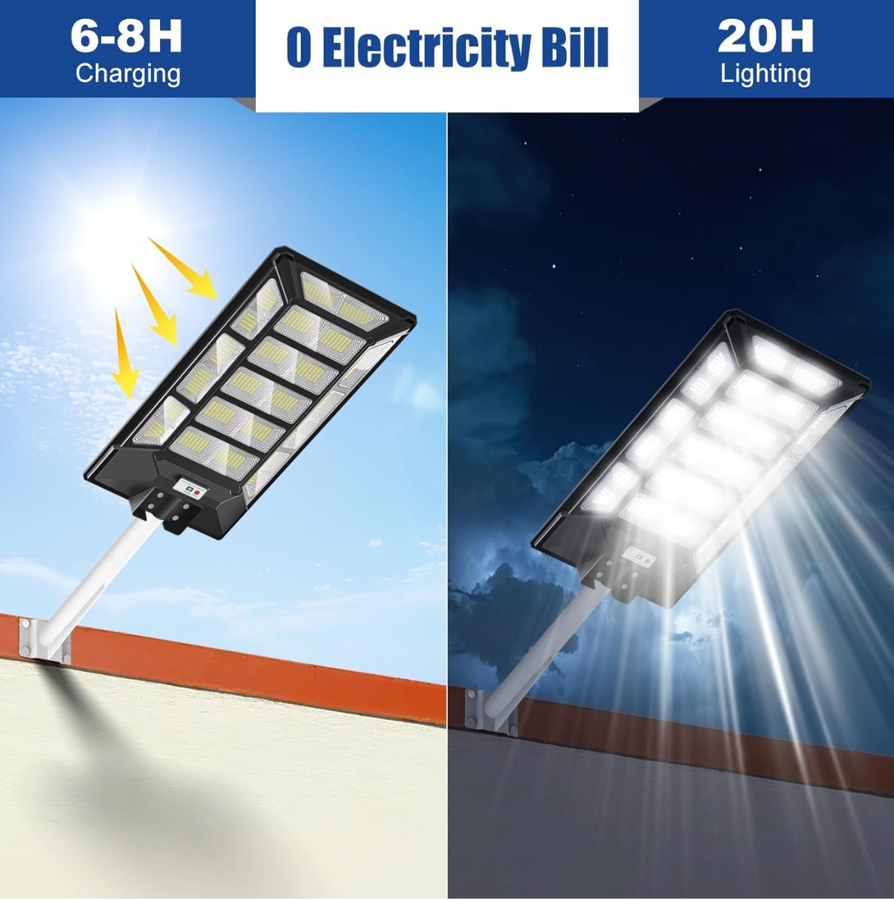 Lampadaire solaire d'extérieur 1800 W étanche 6 500 K du crépuscule à l'aube 180 000 lumens avec détecteur de mouvement et éclairage de parking solaire super lumineux 