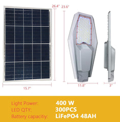 400W Die cast Aluminum commercial Outdoor Solar Street Lamp, Remote Control 48000mAH Li-Fe Battery