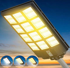 Farola LED para exteriores de 1800 W, luces solares con cambio de temperatura de 3 colores, desde el anochecer hasta el amanecer, sensor de movimiento con control remoto 