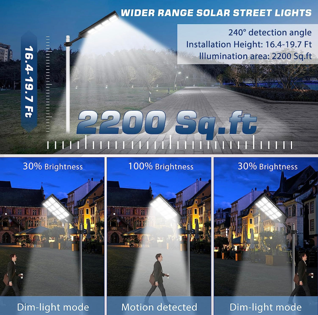 Farola LED para exteriores de 1800 W, luces solares con cambio de temperatura de 3 colores, desde el anochecer hasta el amanecer, sensor de movimiento con control remoto 