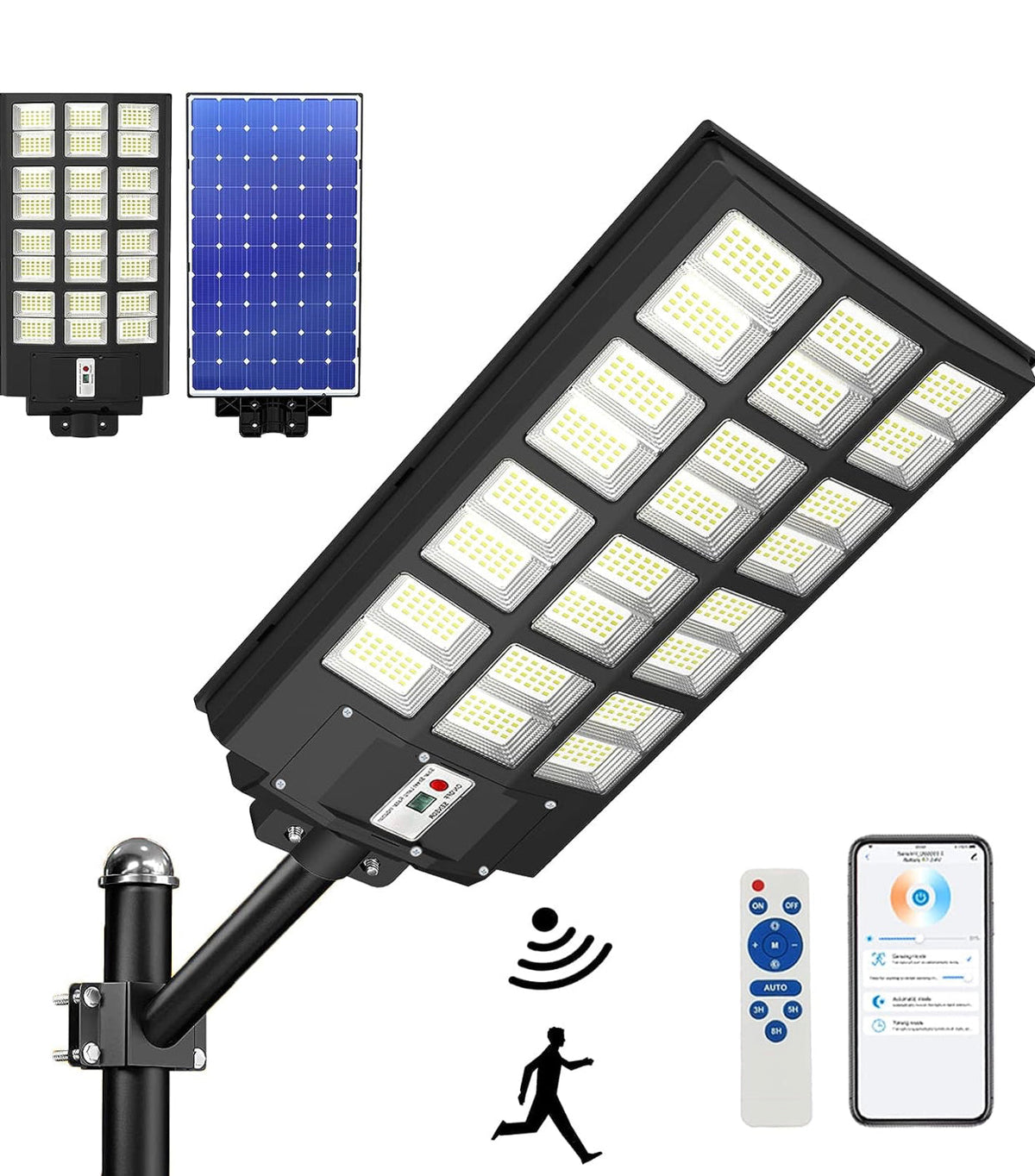 Lampadaire solaire d'extérieur 2000 W, 250 000 lm, 6 500 K, avec télécommande par application mobile, lampe LED à détection de mouvement du crépuscule à l'aube, étanche IP67