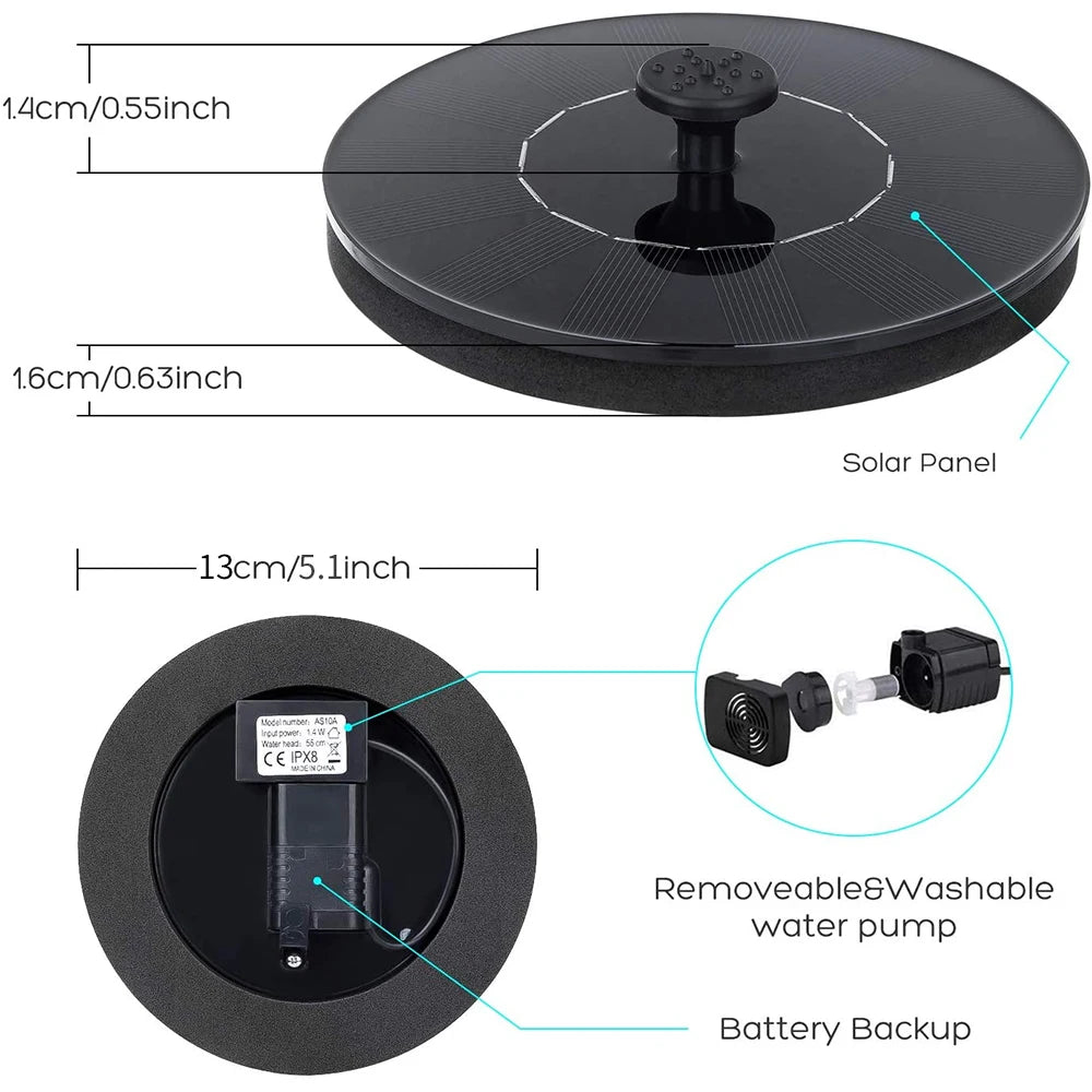 Mini Floating Solar Fountain for Bird Baths, 13 cm