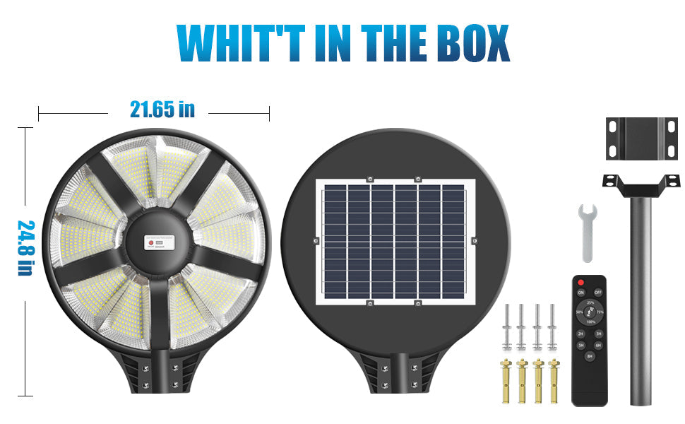 Lampadaire solaire d'extérieur étanche 3000 W - Étanche IP66, détection de radar et de mouvement, télécommande, éclairage de parking solaire de qualité commerciale avec éclairage grand angle 360 ​​° 