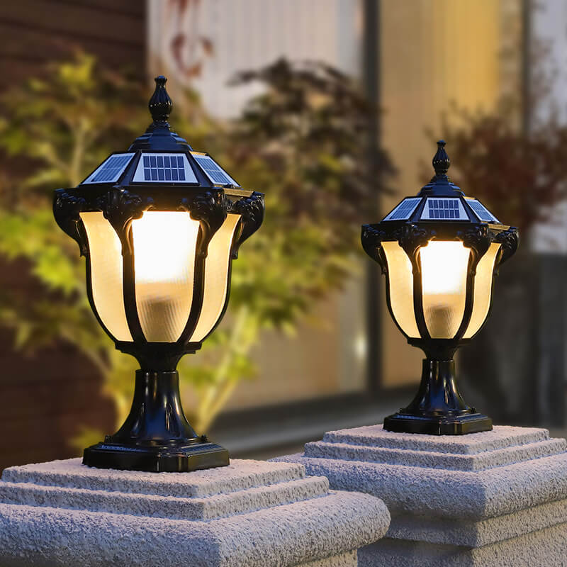 European Retro Die-Cast Aluminum Glass Solar Waterproof Outdoor Garden Landscape Column Light