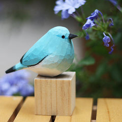 Figuras de pájaro azul de montaña de primera generación talladas a mano en madera pintada