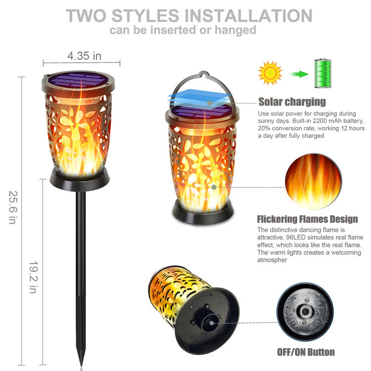 Columna de pétalos de llama solar para exteriores, 96 luces LED decorativas para caminos de jardín 