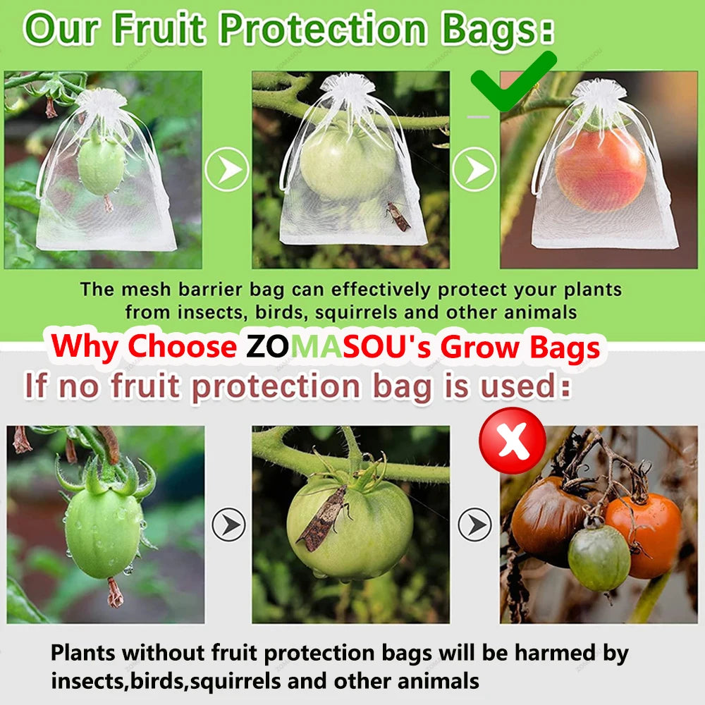 200Pcs Reusable Fruit Protection Net Bags Drawstring Green Gardening Pest Barrier Cover for Trees Vegetables Grapes Strawberries