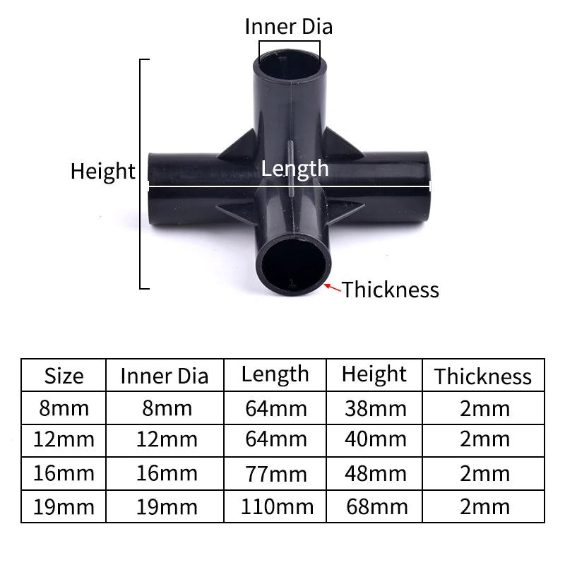 5Pcs Black Pipe Connector DIY Shelf Tent Fixed Connector Fittings I.D 8/12/16/19mm ABS Plastic Tee Four Way Elbow Straight Joint